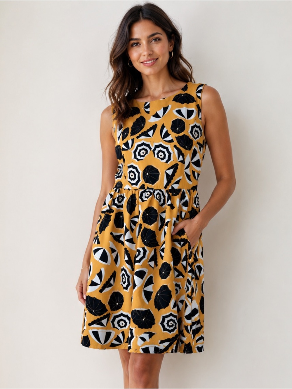 DEAR CREATURES ~ MODCLOTH NWOT Sun Umbrella Noveljity Print Dress Yellow & Black